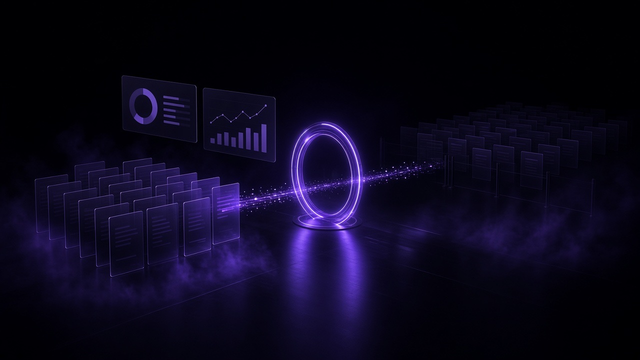 Abstract illustration of a controlled AI underwriting pilot: a defined sample of applications passing through a glowing checkpoint before expansion