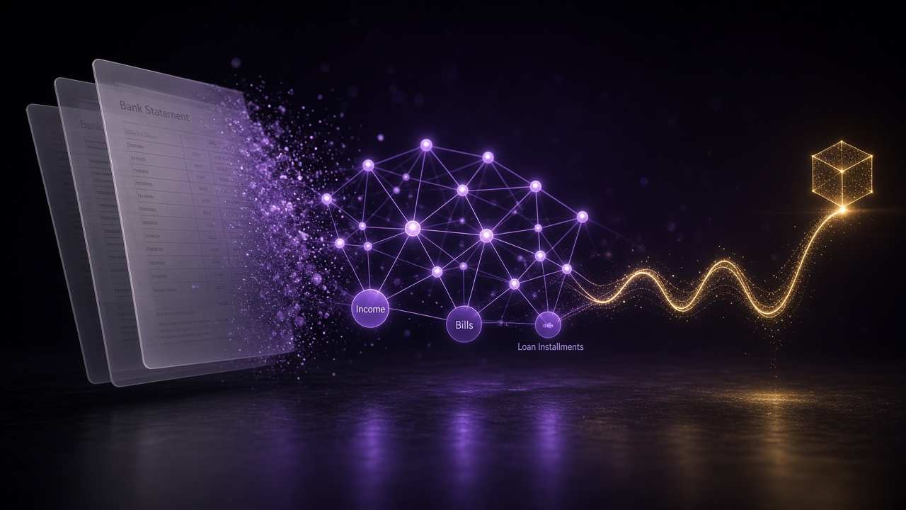 Abstract illustration of bank statement pages dissolving into a transaction network and a gold cash-flow curve