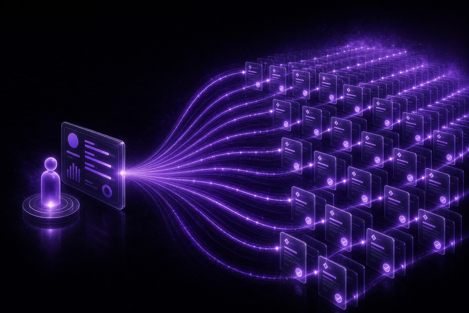 Abstract illustration of one credit operations console connected to many automated loan application reviews